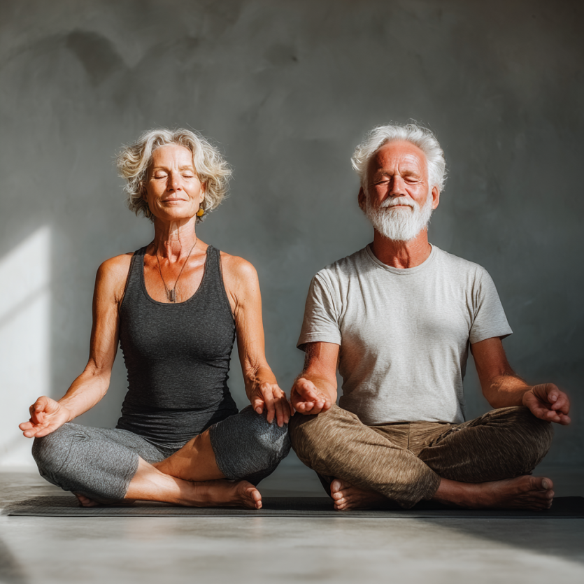 Літня жінка практикує йогу